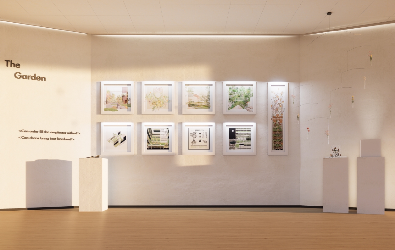 A visualization of the exhibition, presenting eight curated scenes, three artifacts, and a handcrafted book.