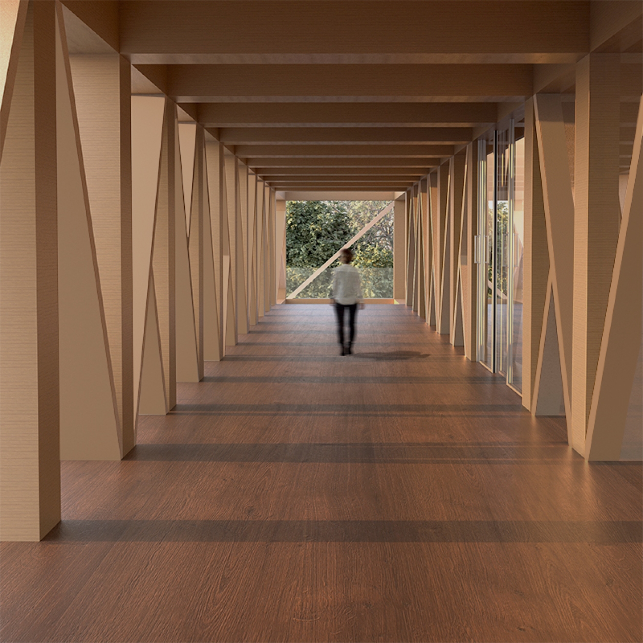 Person walking through a non-ceremonial transition between inside and outside architecture. 