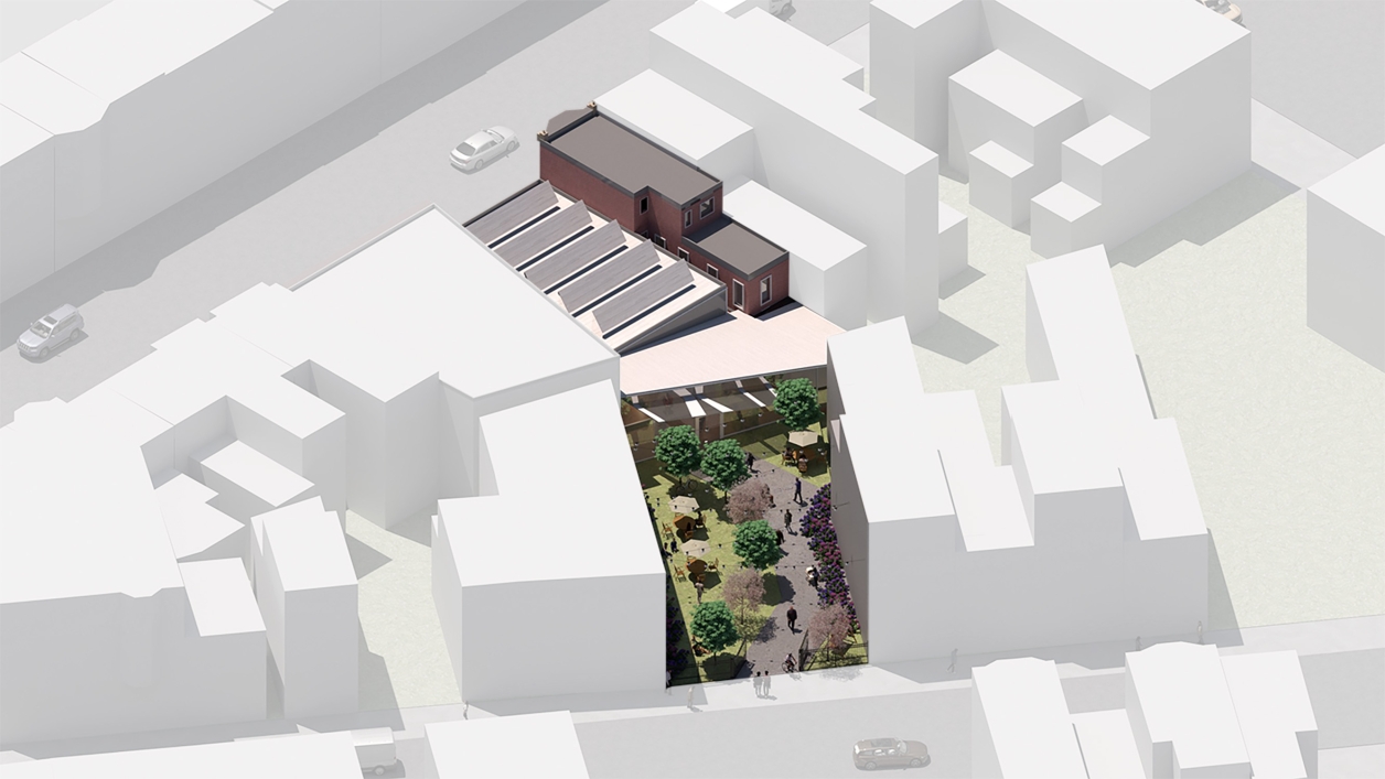Southwest axon view of the park and light box extension.