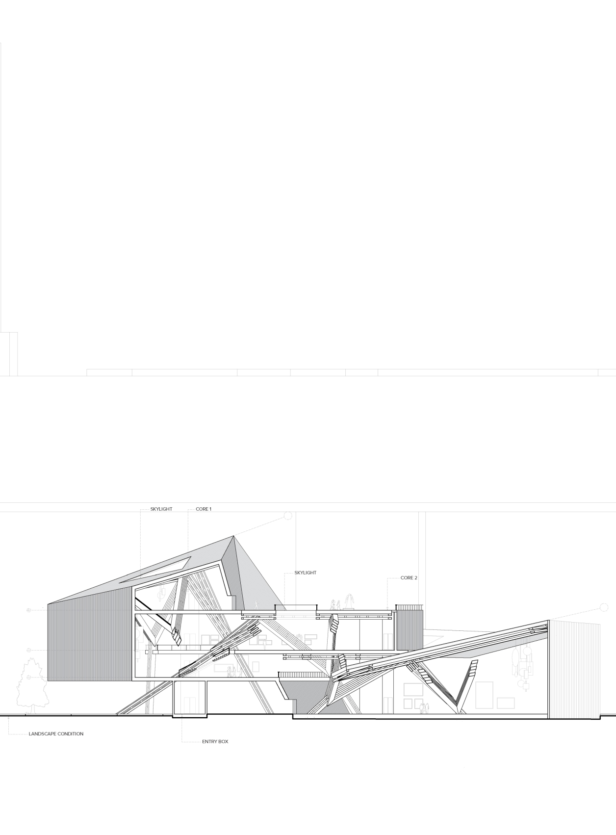 A section drawing of the main gallery space showcasing the spatial quality and structural system