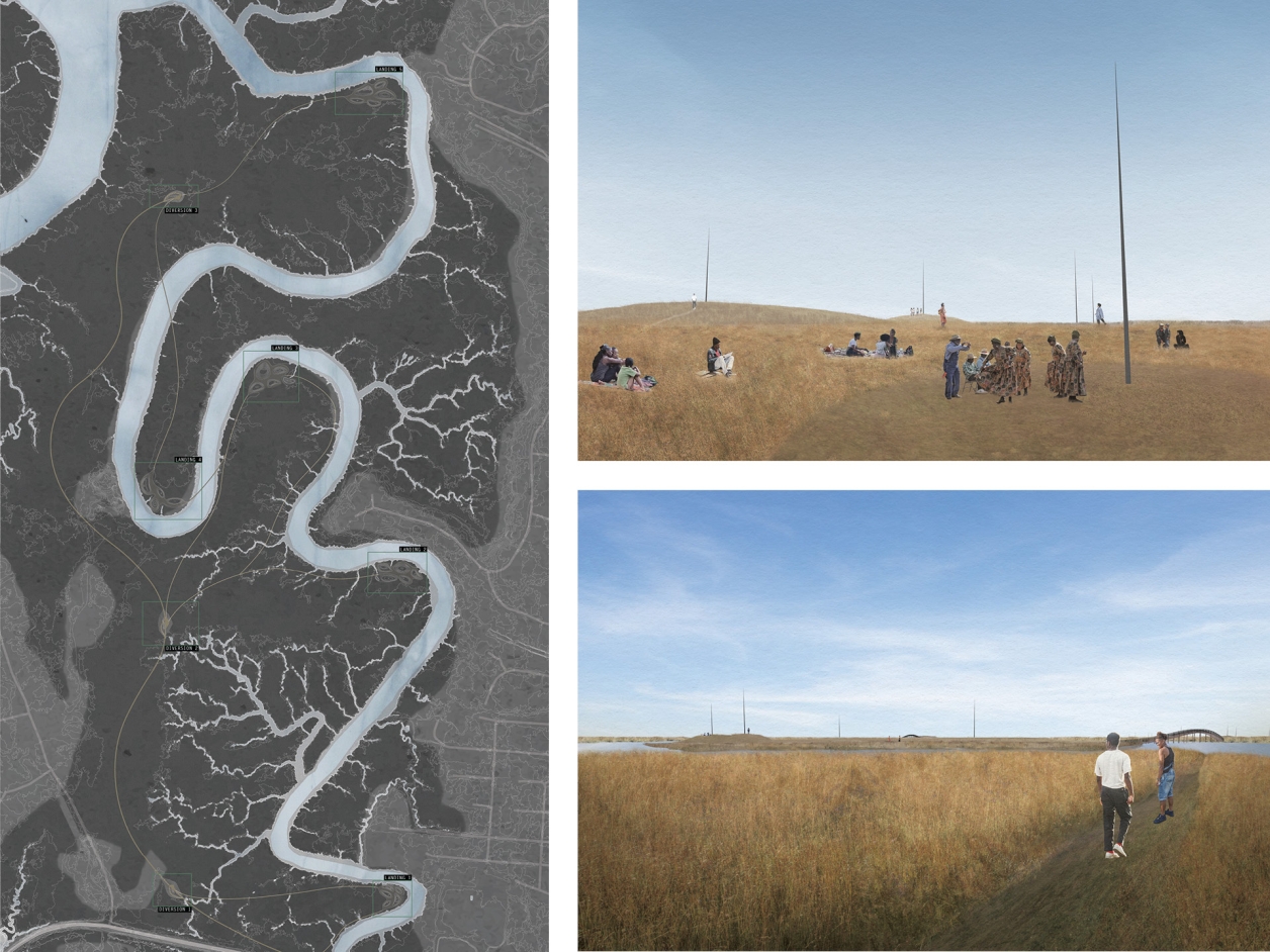 Left: Site plan for Igbo Landing design proposal on Dunbar Creek, St. Simons Island, GA. Right: Views along Dunbar Creek.