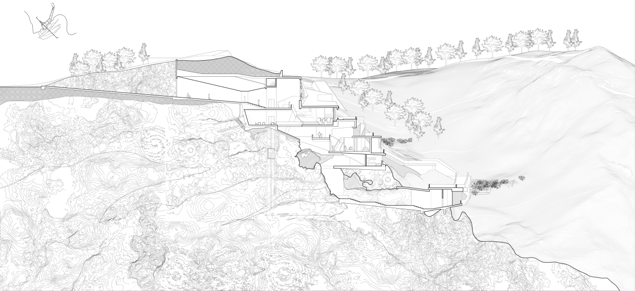 Building section showing interconnected space processing down the slope of a cliffside.