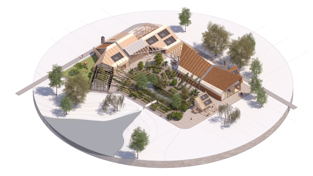 An axonometric drawing of a neighborhood with modular mass timber housing, central community gardens, and a stormwater basin.