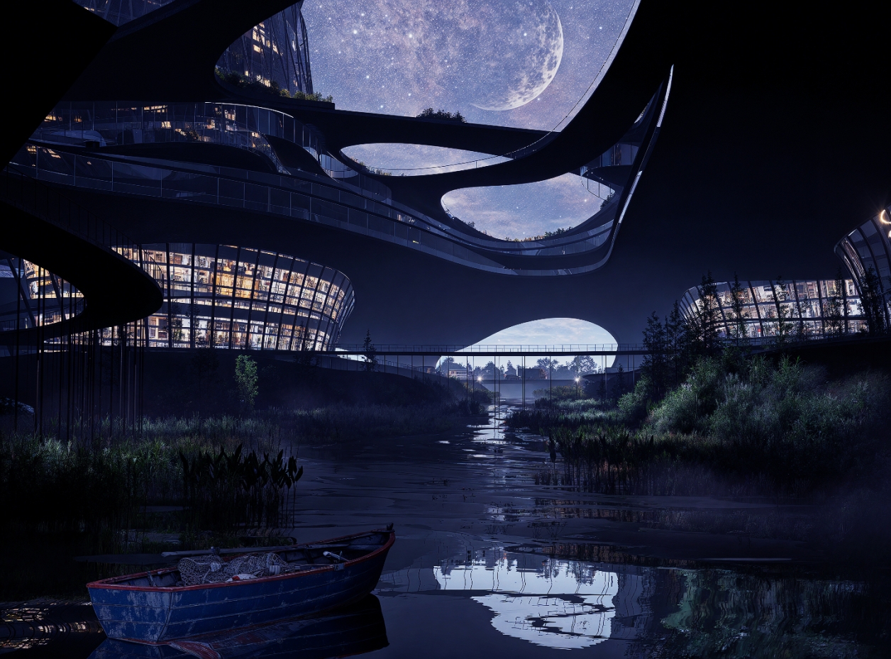 Night ViewNight View of Rio Fucha A serene composition capturing the harmony between wetlands, architecture, and the night sky—expressing the vision of a peaceful coexistence between humans and nature. 
