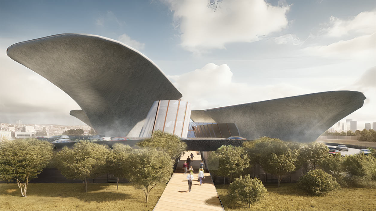 Exterior rendering from ground level entrance