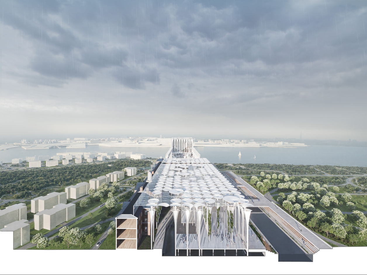 The image presents a proposed cultural and research hub on Governors Island, integrating a botanical conservatory and botanical art center. It extends the island’s historic axis into the waterfront, blending conservation, botanical art, and research to foster ecological awareness and public engagement.