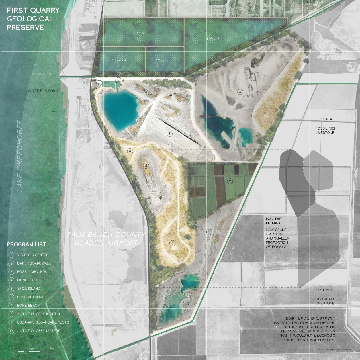 A map depicting limestone quarries of varying sizes, prairie grass trails, and constructed wetlands