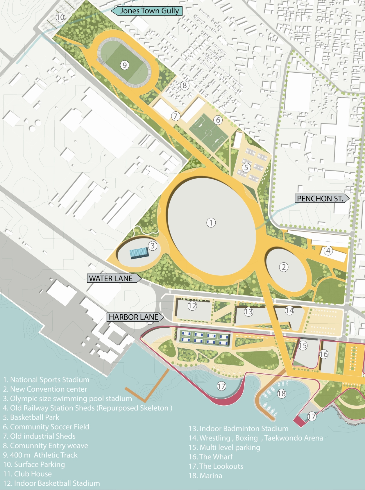JAMAICA IS DISTINGUISHED by the world-wide reach of its culture, including music and sport. One of the most powerful manifestations of Jamaica's cultural heritage is in the field of sport.  Harnessing the rich LEGACY OF SPORTS, the vision for this project is to transform Kingston's waterfront into a DYNAMIC LANDSCAPE that seamlessly blends RECREATION & CULTURAL HERITAGE, creating a vibrant and inclusive SPACE that celebrates JAMAICA'S SPORTING HISTORY 