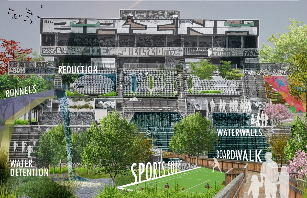 Interactive operations with the abandoned stadium stands