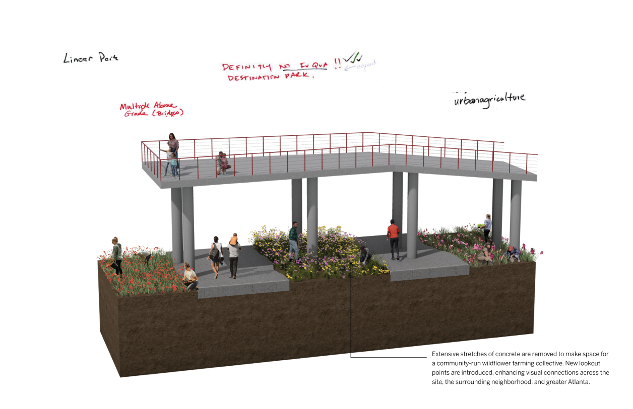 Extensive stretches of concrete are removed to make space for a community-run wildflower farming collective. New lookout points are introduced, enhancing visual connections across the site, the surrounding neighborhood, and greater Atlanta.