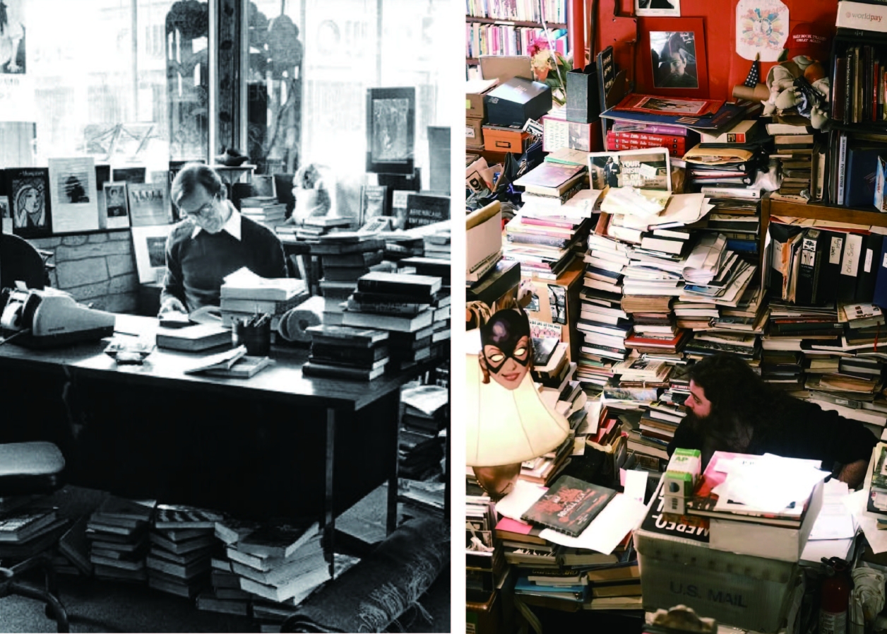 The Book Trader’s counter, past and present. Left: Peter Hiller at the original South Street location. Right: Staff member at 7 N 2nd Street location.