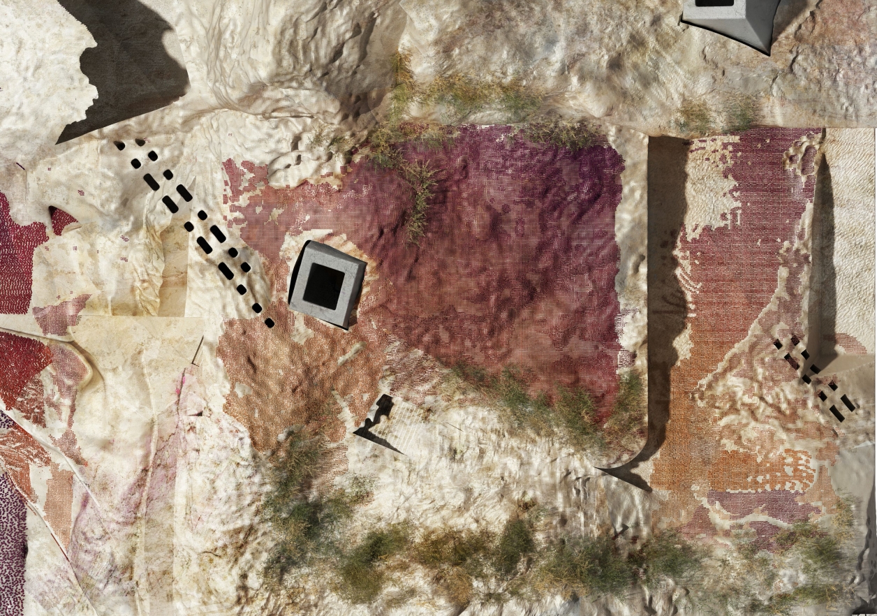 Top view of quarry site displaying a gradient of fruits (apricots and grapes) as mosaics.