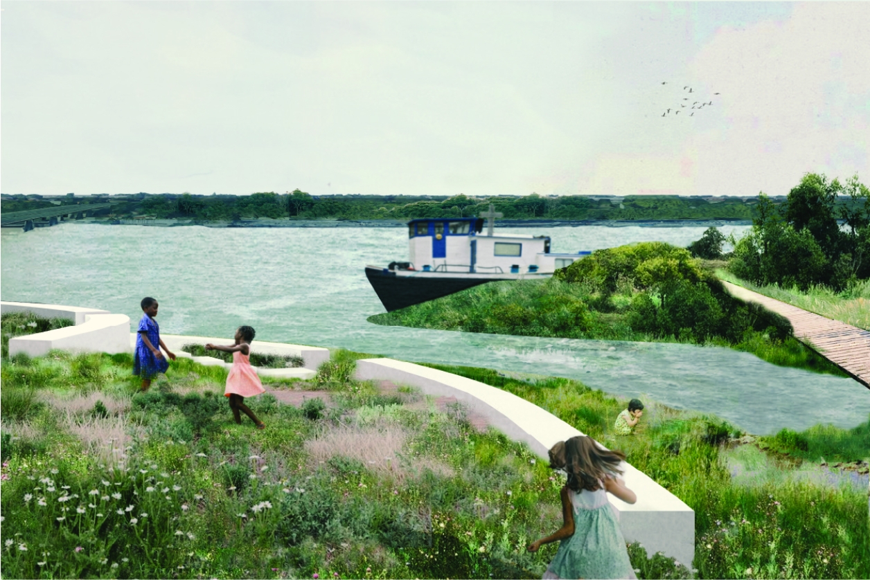 Render of some children near a boat