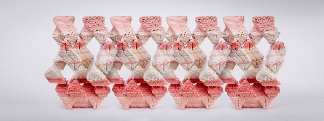 Large wall assembled with 3D Printed clay bricks.