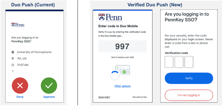 Screenshots displaying the current Duo Push notification screen and the upcoming Duo Push notification screen.