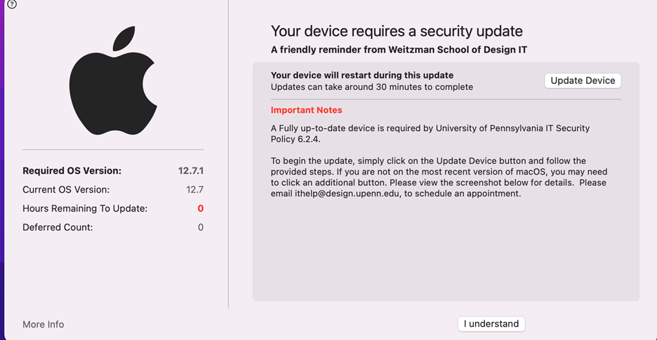Nudge will prompt your Mac device with the required update and instructions, similar to this image.