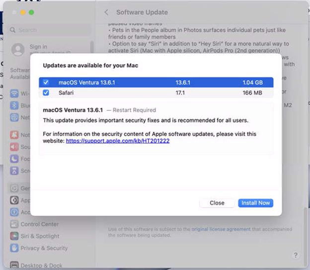 A new window will open that says "Updates are available for your Mac." Make sure each update is selected. Then click "Install Now."