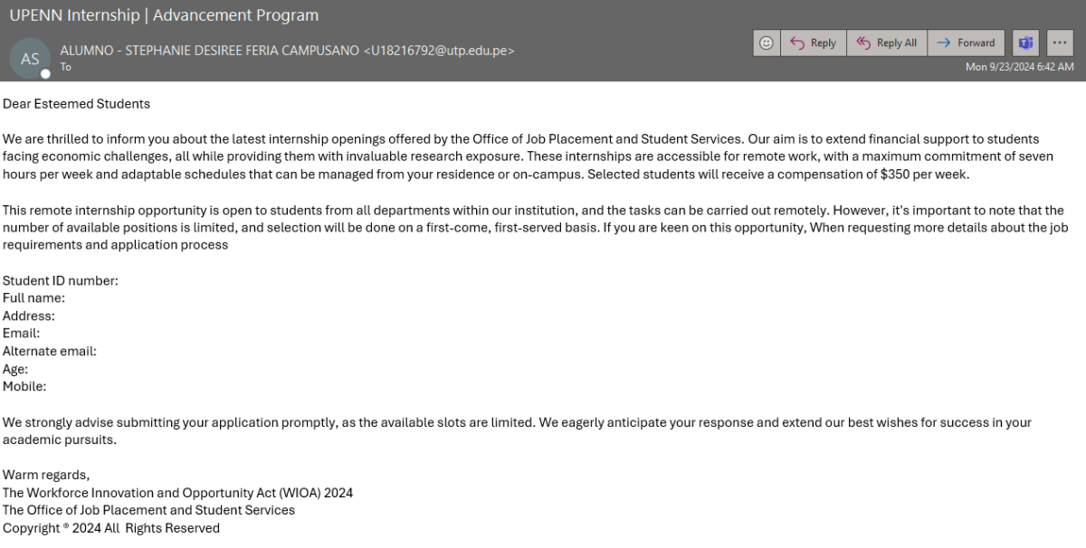 A screenshot of a phishing email. The email advertises a fake internship program.